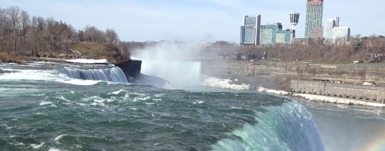 View from the US side of Niagara Falls, water going over the dam, city skyline in background