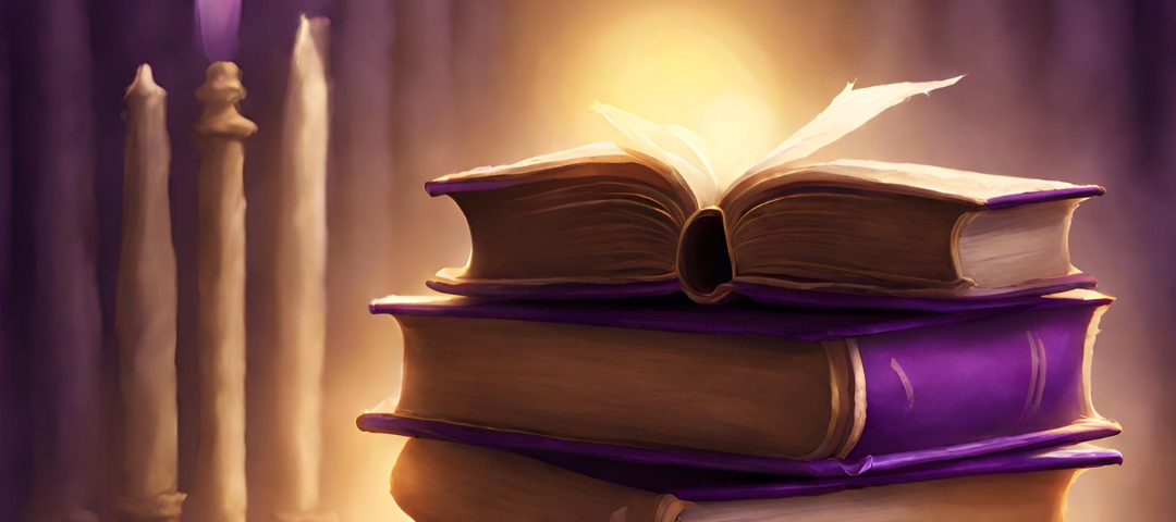 A stack of purple books and a purple scroll next to three candle sticks with only one lit in a purple flame and a figure gowned in light standing behind it all.