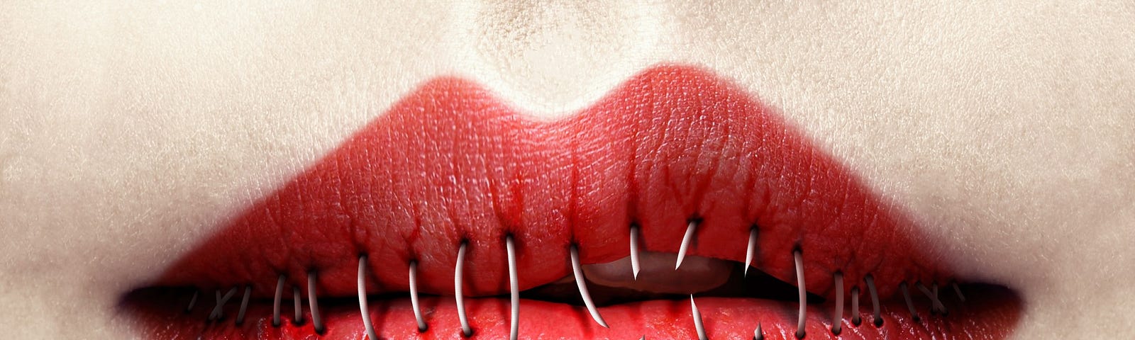 A woman with red lips sewn shut in a sign of an abusive relationship.