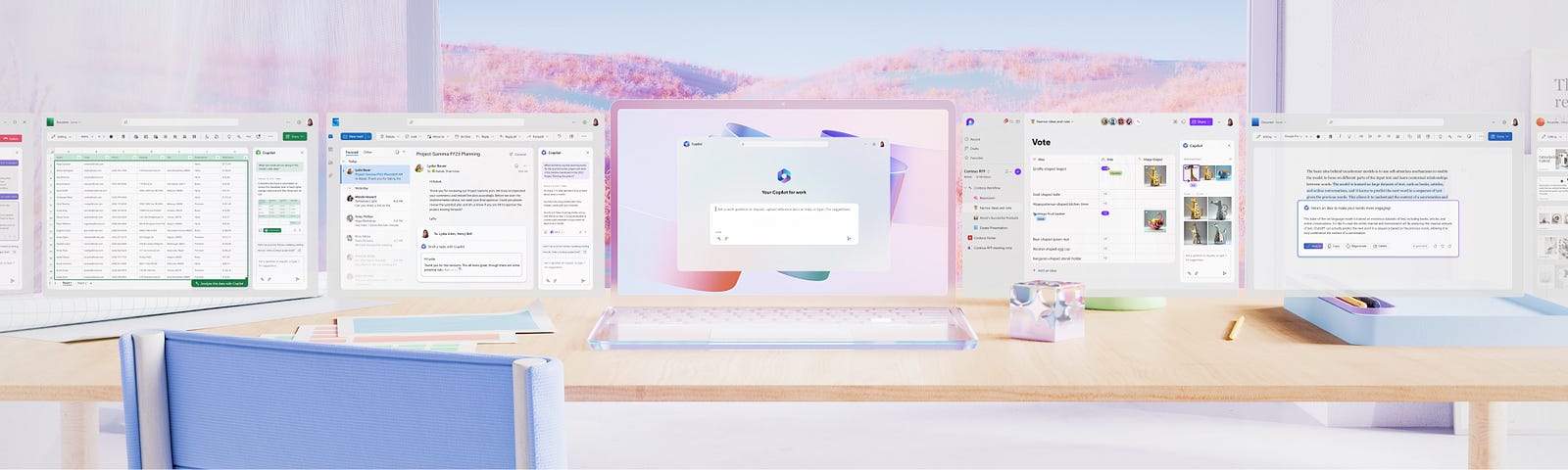 A 3D render image with a soft color palette from periwinkle to lavender. The image itself depicts multiple laptop screens with various productivity user interfaces from Microsoft 365 experiences. Each interface depicts  UX for the new conversation box that houses Copilot. In the background of the image, instead of just a white wall, there are luscious light blue and pink hills.