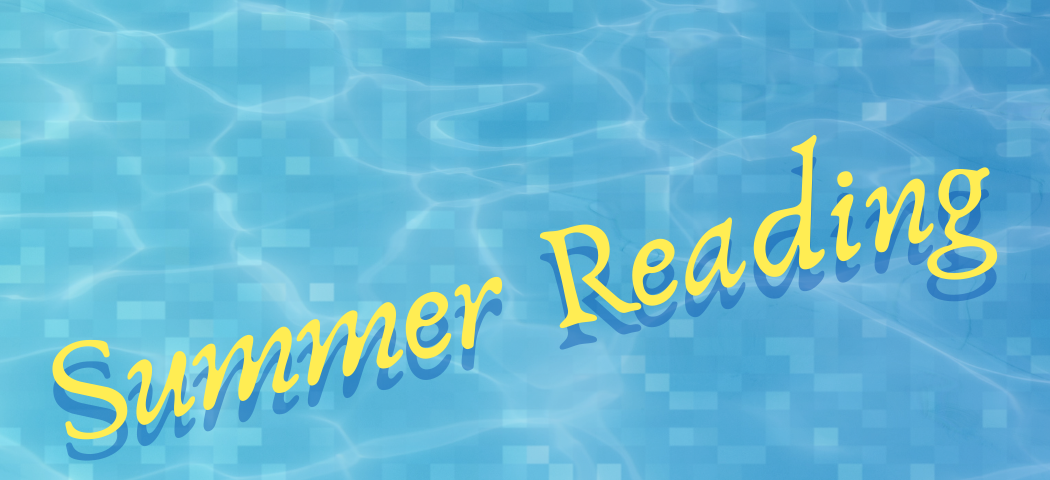 A pixelated, blue pool. The water is rippling. On top, the words “Summer Reading” are written in yellow. A blue shadow shows beneath, giving the words the impression of floating on the water.