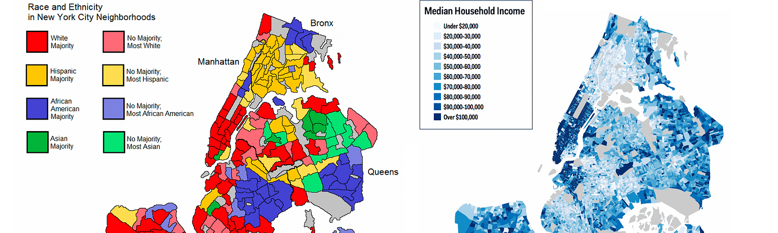 Maps illustrating race and ethnicity vs. median household income in New York City.