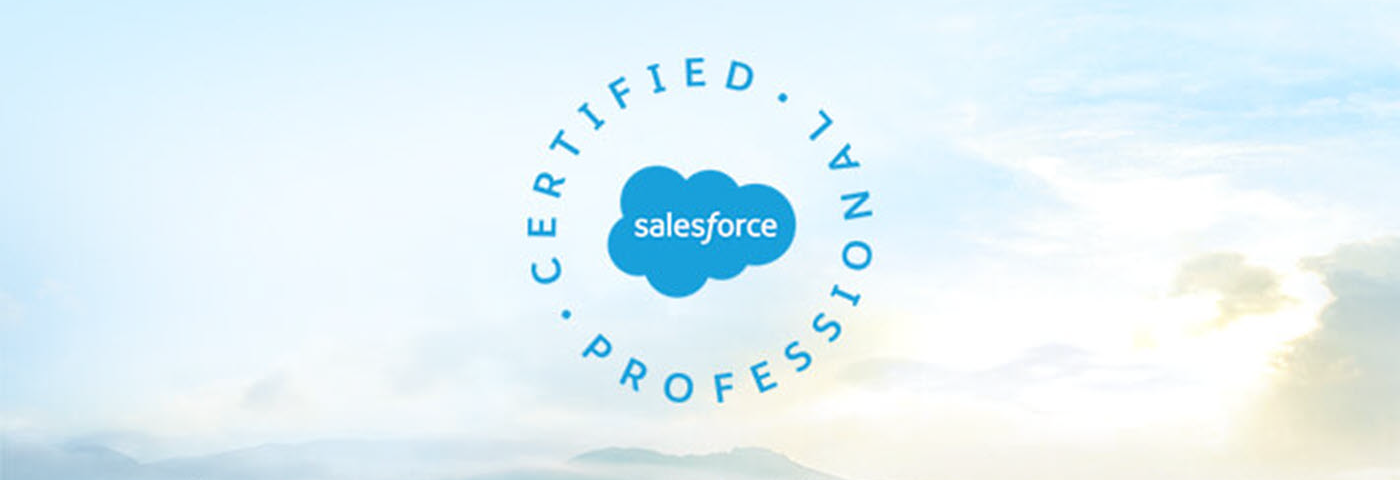 Salesforce Certified Professional logo on a cloudy sky background with mountain tops visible at the bottom of the picture.