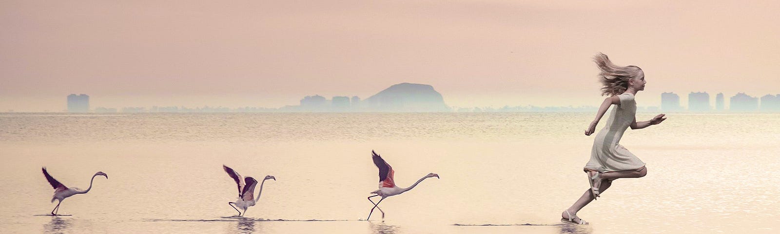 Girl in simple dress running on rippling water followed by three small flamingos running after her. Soft hazy outcroppings in the distant. Their shadows on the water. All colors pastels…