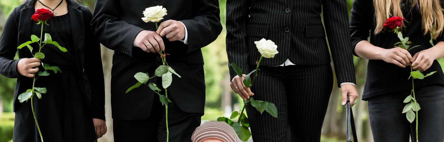 collage of baby peaking out in front of a family dressed in black carrying flowers, in mourning