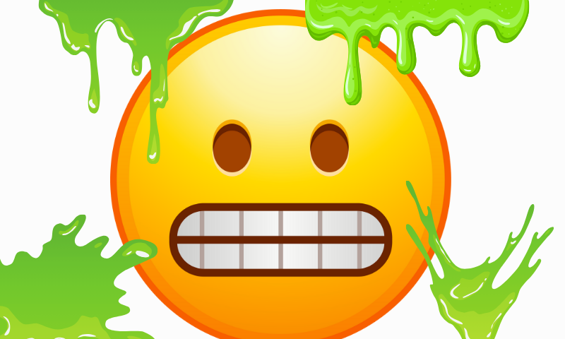 This is a digital image of a round yellow emoji with a wide, gritted teeth expression. Green slime drips down from the top of the emoji and there are splatters around it, suggesting a messy or sticky situation.