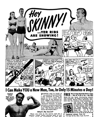 A newspaper ad/cartoon regarding weightlifter Charles Atlas