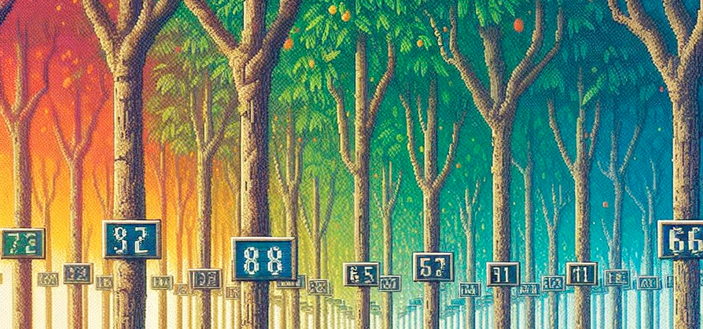 A colorful painting of lines of mango trees, each column has a numbered sign post in front, in the style of 1800s, pixel art