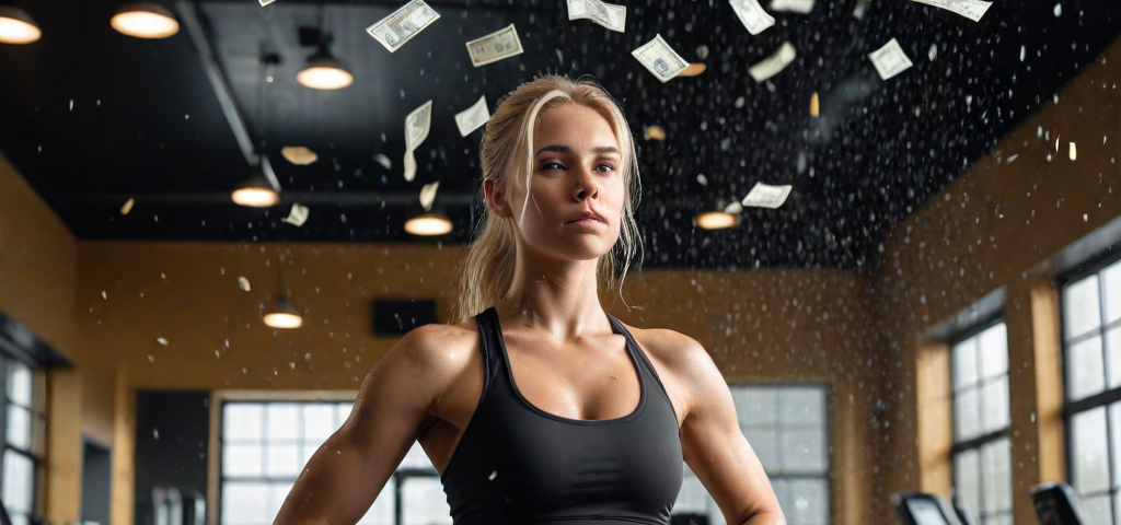 Fit Woman in Gym While Money Rains From the Ceiling