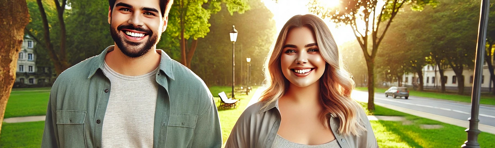 A image of a plus-sized woman and man smiling and looking confident, walking through a park.