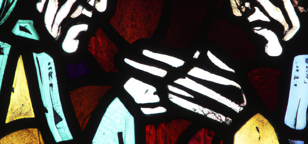 A stained glass window depicting hands held in prayer.