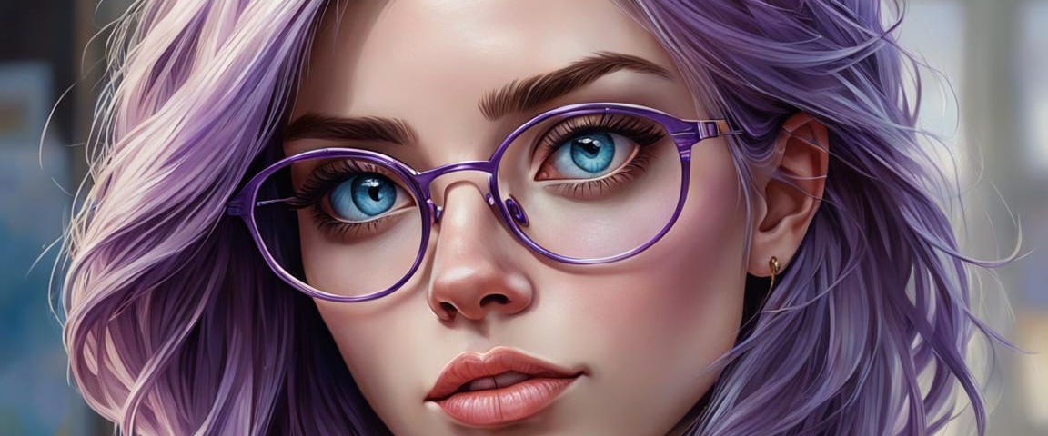 AI-rendered young adult girl with purple hair, purple glasses and large blue eyes.
