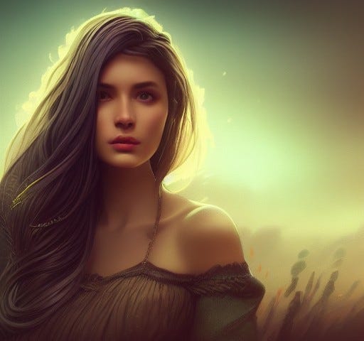 A teenage girl with long dark brown flowing hair, dark eyes, against a background with fading light. She looks sombre but strong.