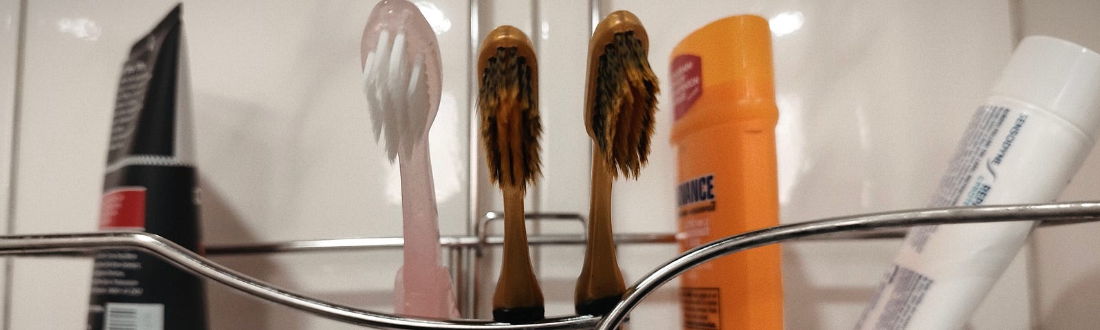 Photo of three toothbrushes in the author’s bathroom.