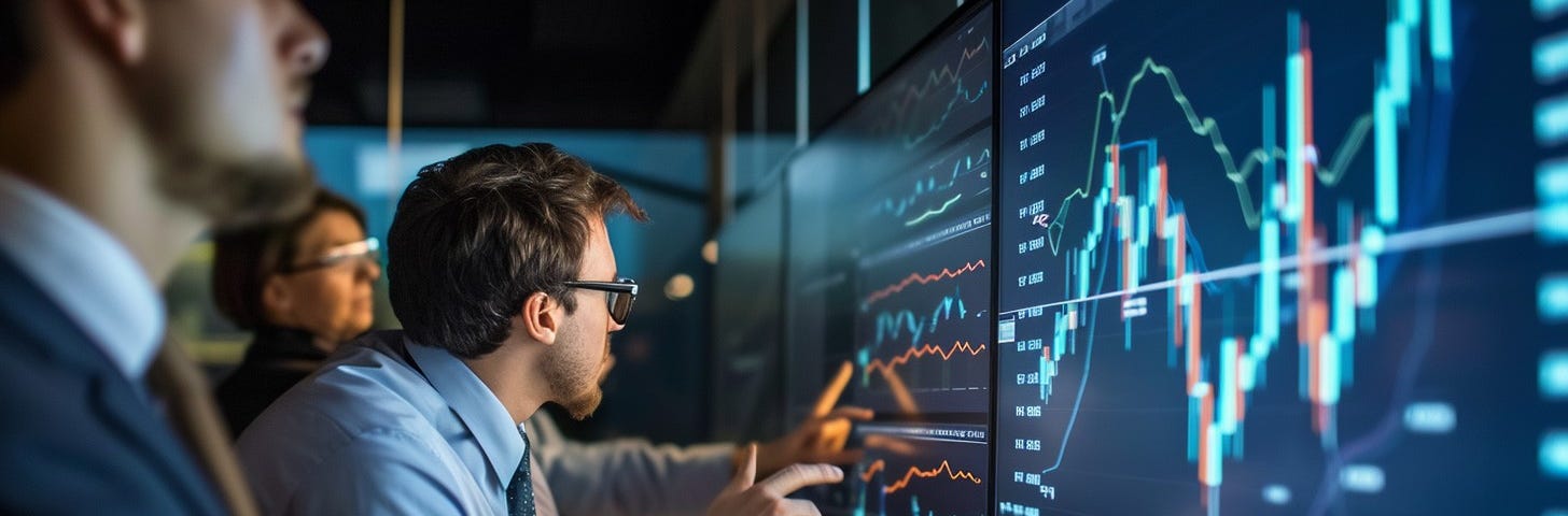 Financial experts analyzing complex stock market data on high-tech digital screens in a modern office.