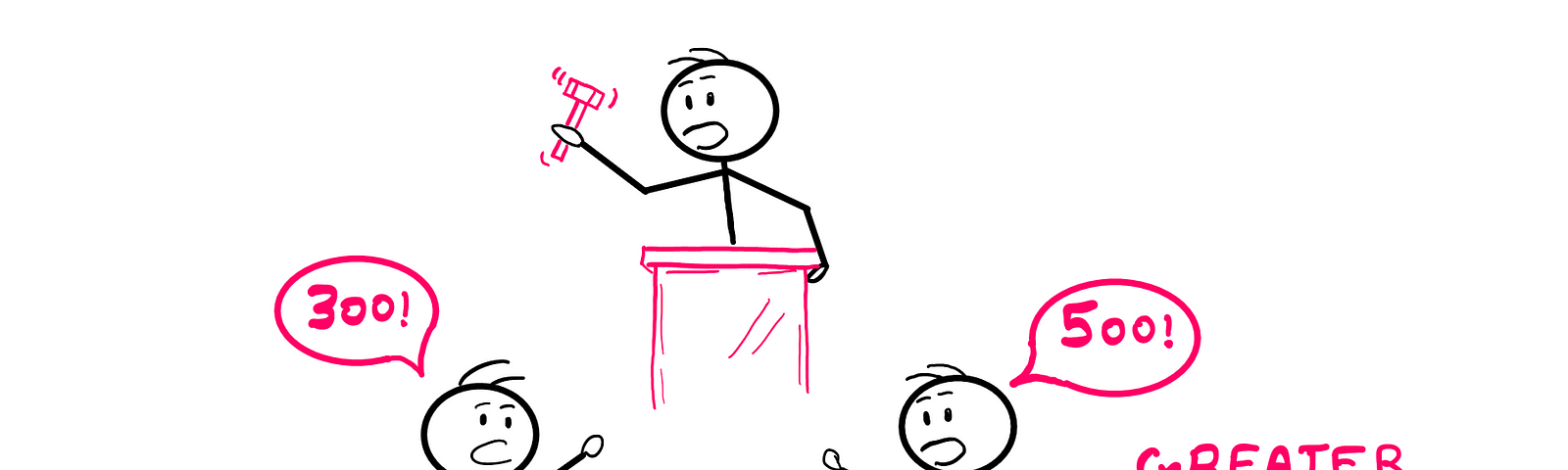 Greater Fool Theory — How Does It Really Work? — An illustration showing a stick figure at the centre organising an auction with a hammer and slamming it on a table. On the left is another stick figure shouting “300!” This stick figure is labelled “Fool”. On the right is another stick figure shouting “500!” This stick figure is labelled “Greater Fool”.