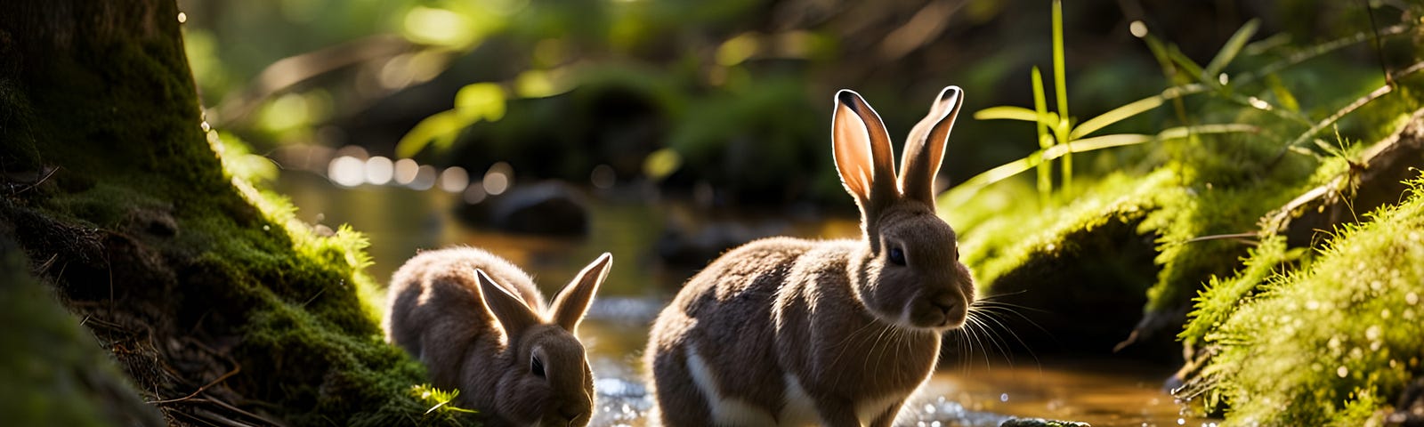 “Meanwhile, At The Secret Brook” | Image of Two Rabbits Taking a Water Break in the Forest on a Beautiful Sunny Day, the Trees are Mossy, Generated by Gustave Deresse | Writer; AI Artist in NightCafe; unedited