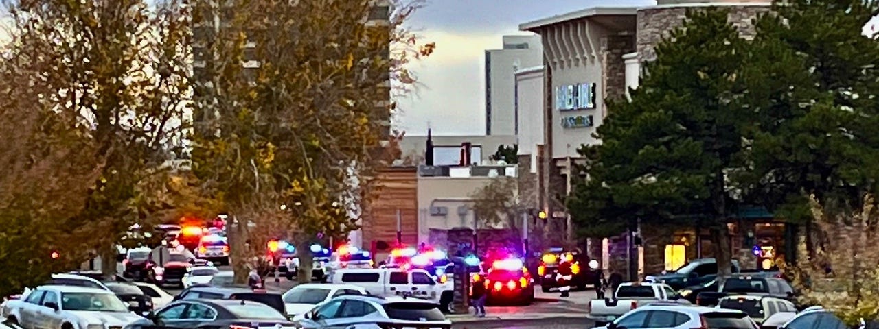 Photo of emergency vehicles arriving at mall in Albuquerque, NM.