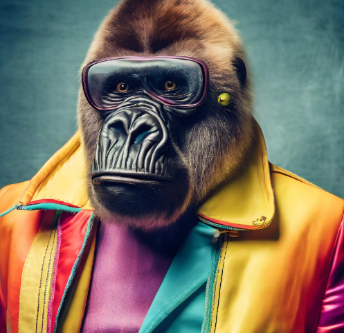 Gorilla dressed in a retro colorful suit