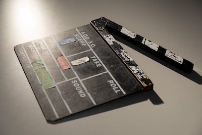 A clapperboard or dumb slate used in filmmaking