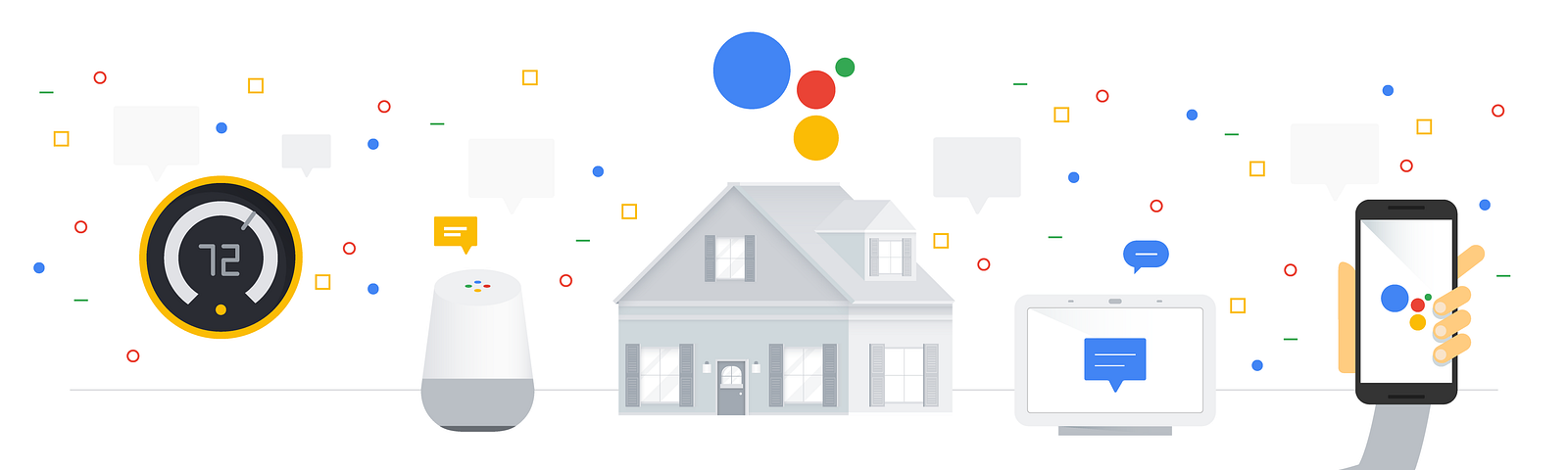 Illustration of a home with the Smart Home technology and other tech symbols.