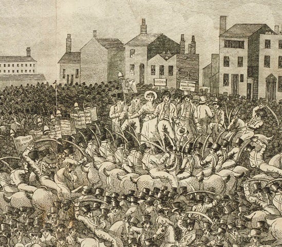 Engraving of Peterloo which shows the speakers on the hustings surrounded by mounted soldiers with sabres