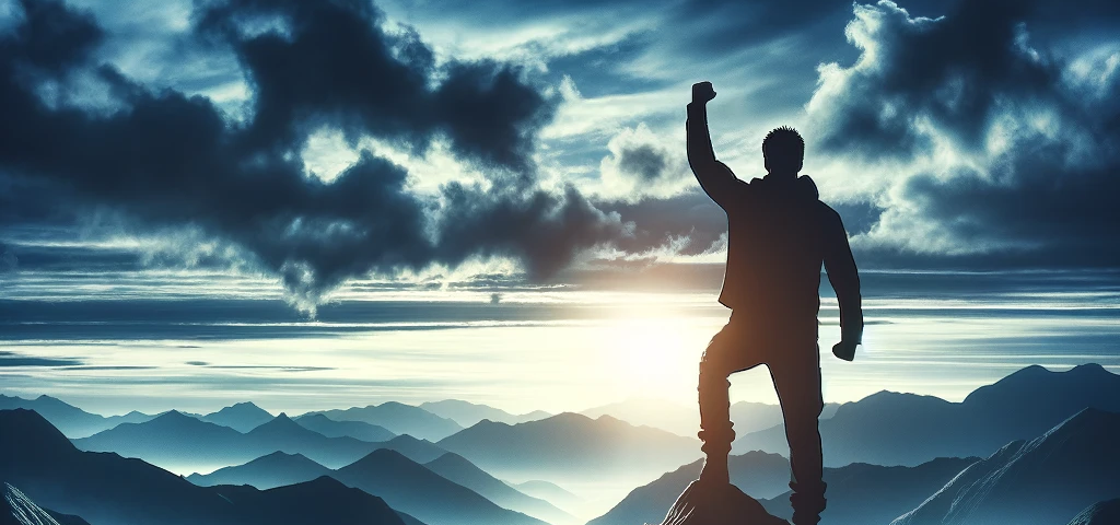 Silhouette of a determined man with arms raised in triumph stands on a mountain peak at dawn. The background features a dramatic sky painted in dark blue and gray tones, symbolizing challenges overcome and personal triumph. The image conveys themes of strength, resilience, and the success of perseverance against a rugged natural landscape.