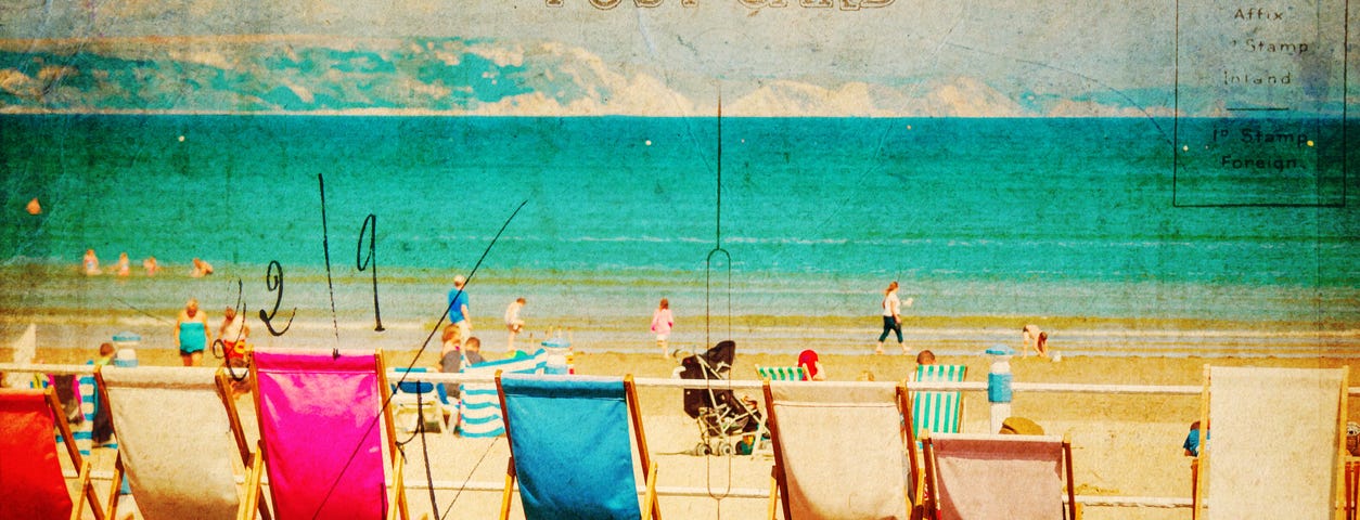 Vintage style postcard with a beach scene, deckchairs standing in a row at the seaside promenade of Weymouth, England