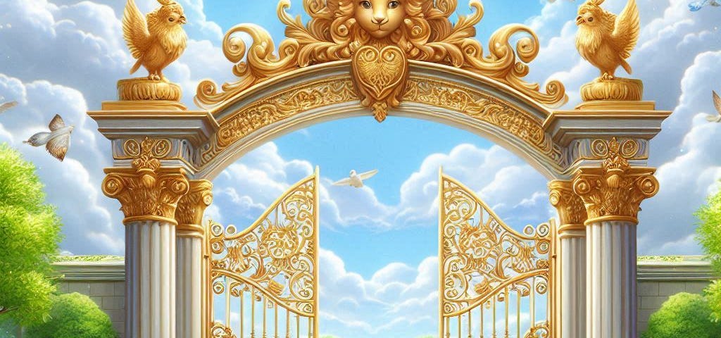 A shit AI-produced image of Pearly Gates with blue clouds and bunnies and the rest, exactly as you would expect a shit AI-produced image to look. Probably the entrance to hell, then.