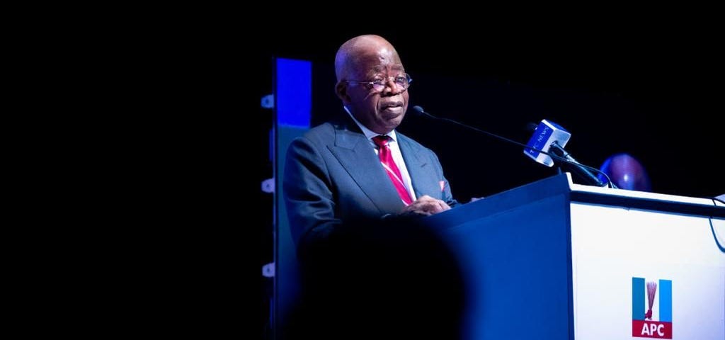 President Bola Tinubu in suit, presents a blueprint for the Nigerian Economy to business leaders. Image Credit: State House/Nosa Asemota