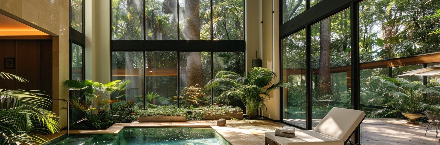 A serene indoor pool surrounded by lush greenery and large windows inviting peaceful reflections of the forest outside.