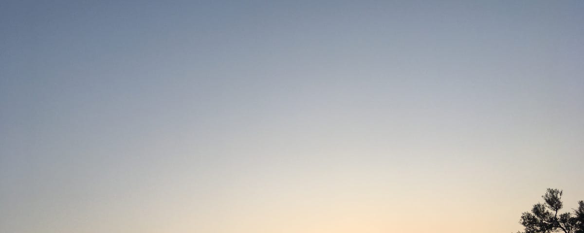 Beautiful sky at dusk from blue to pink behind the dark silhouette of the landscape of residence.