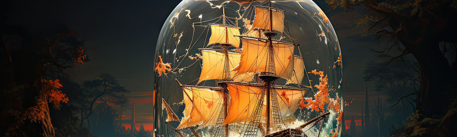 A ship in a bottle, inside the bottle is are rough seas, outside the bottle are calm seas in a peaceful bay