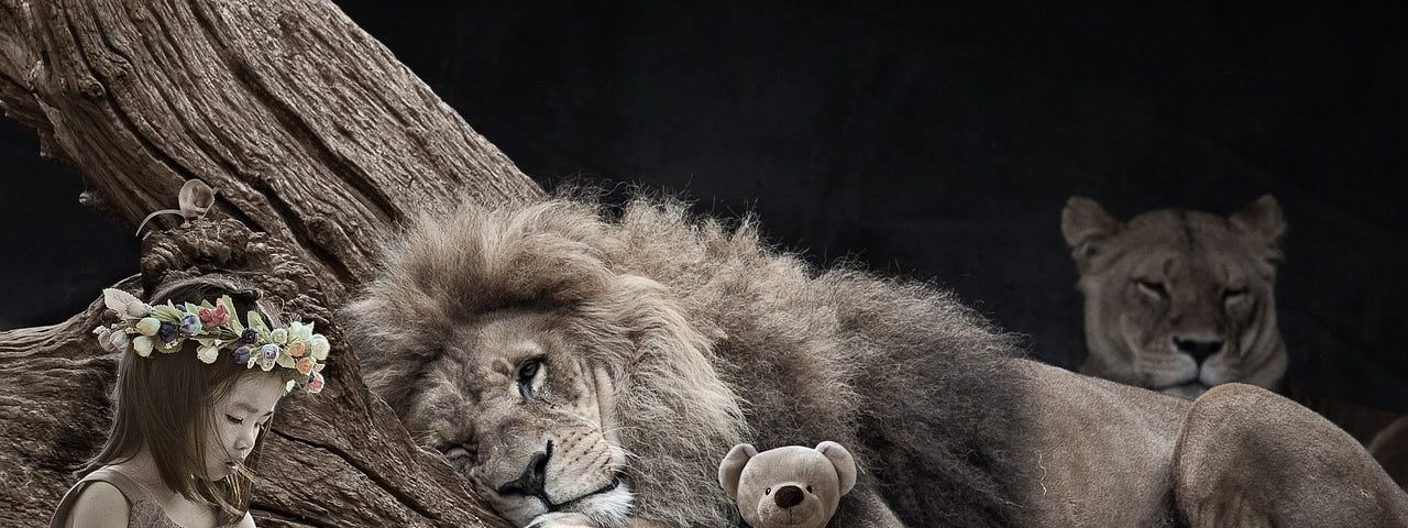 A little girl, sitting under a tree, reading a book to her friends, which consists of a male lion, with a stunning mane, a female tiger and her best friend in all the world, her teddy bear.