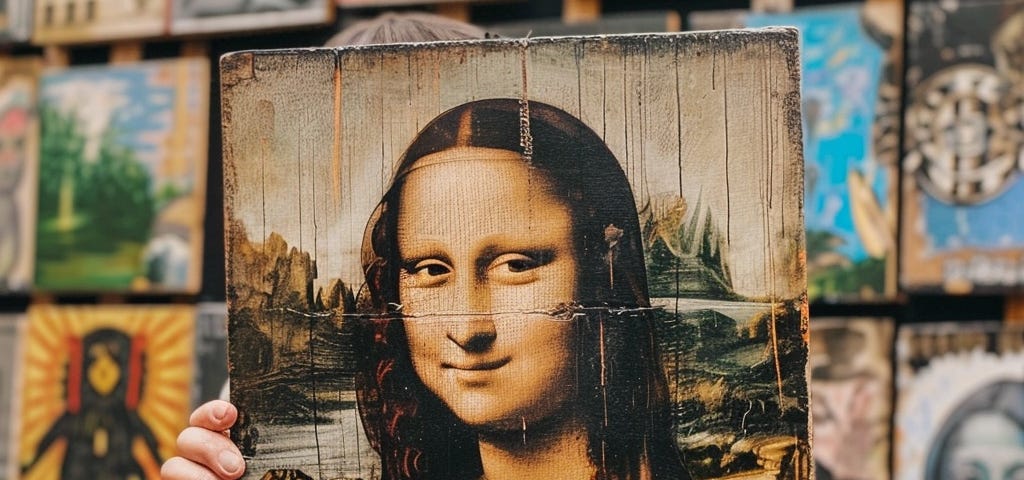 Ai re-creation of the mona lisa made with Ai, it’s being held by someone.