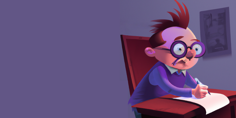 Cartoon man with purple glasses at a desk — How I Make a Full-Time Living Writing About Weird Niches