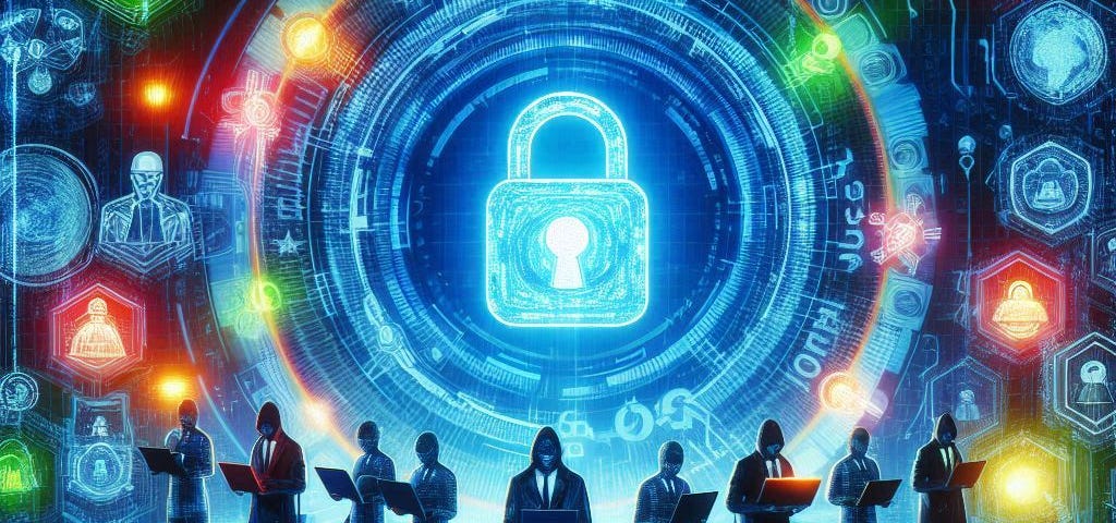 Picture of a cybersecurity team standing side by side with a futuristic security neon colored background