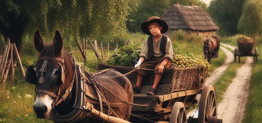 Boy farmer driving a mule-pulled wagon full of vegetables