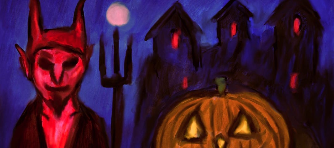 A spooky Halloween scene, with a devil, Jack O’Lantern and creepy house.