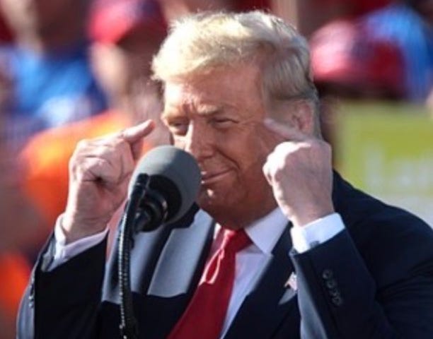 Donald Trump maniacally points both his index fingers at his own head.