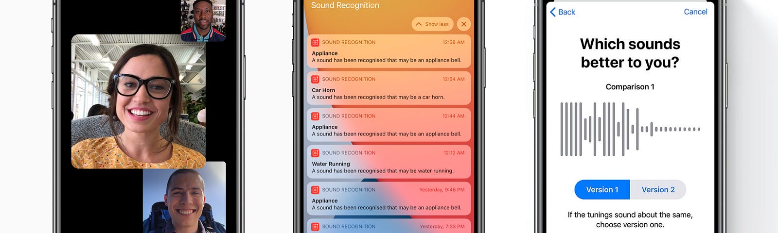 Screenshots of Group FaceTime, notifications of Sound Recognition, Custom Audio Setup for Headphone Accommodations.