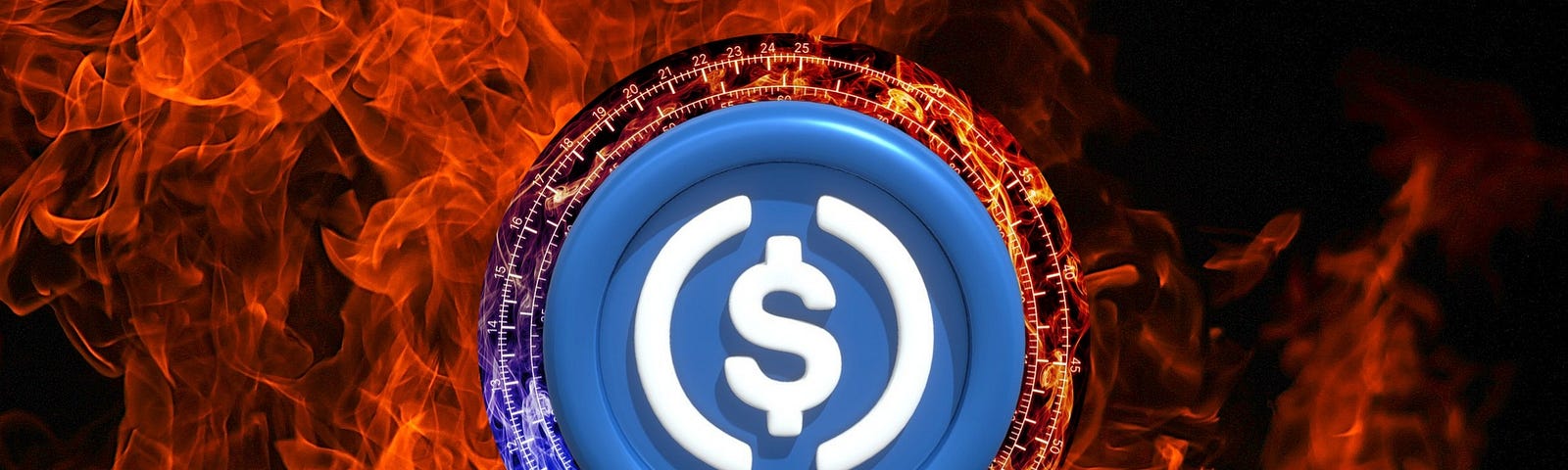 The logo of stablecoin USDC (blue color with a white dollar symbol at the center) with flames in the background.