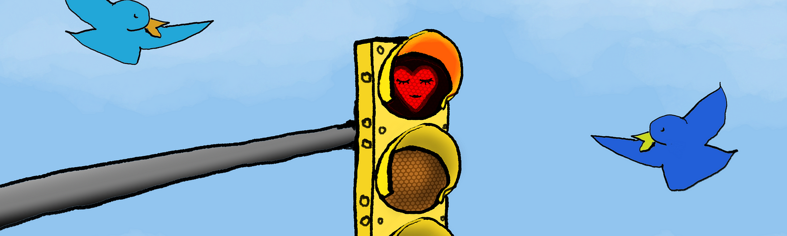 A cartoon of a traffic light hanging on a pole with a ble sky behind it. In the background are three blue birds. The light is red, but the red light is in the shape of a heart with a simple face. Art by Doodleslice 2024