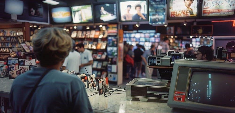 A nineties-era video store clerk watches customers browse.