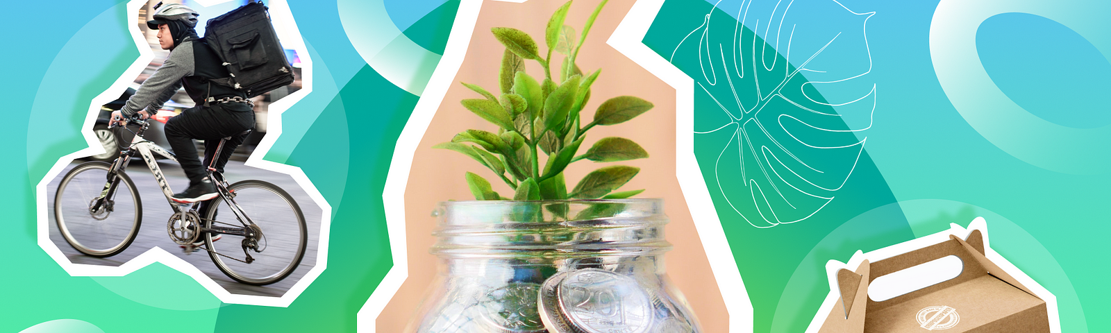 A delivery man on a bike, a coin jar with a plant, and a sample of biodegradable packaging to represent green entrepreneurship