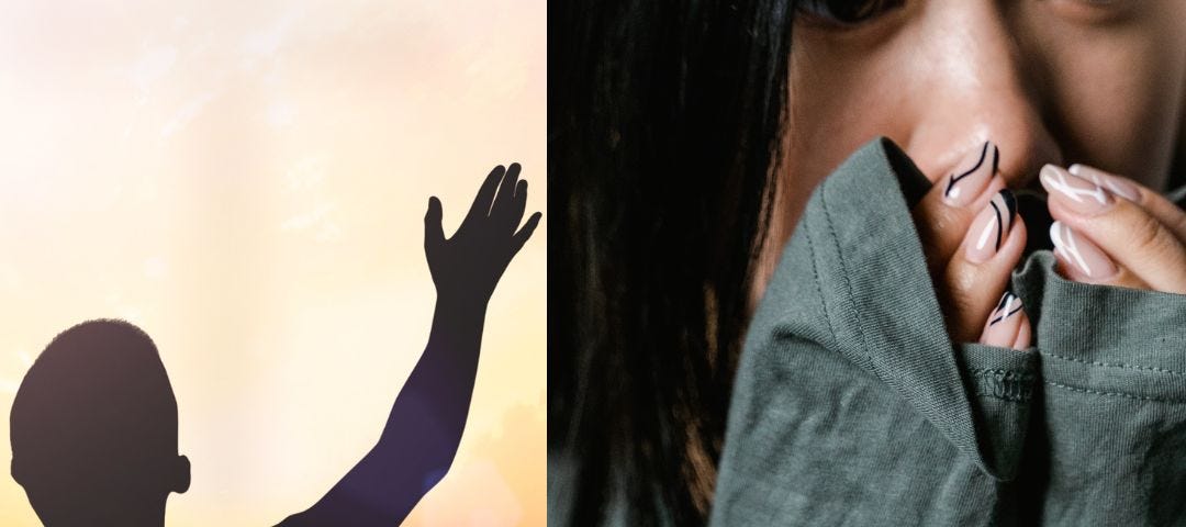 A worshipper with hands raised on the left. On the right a girl that’s afraid