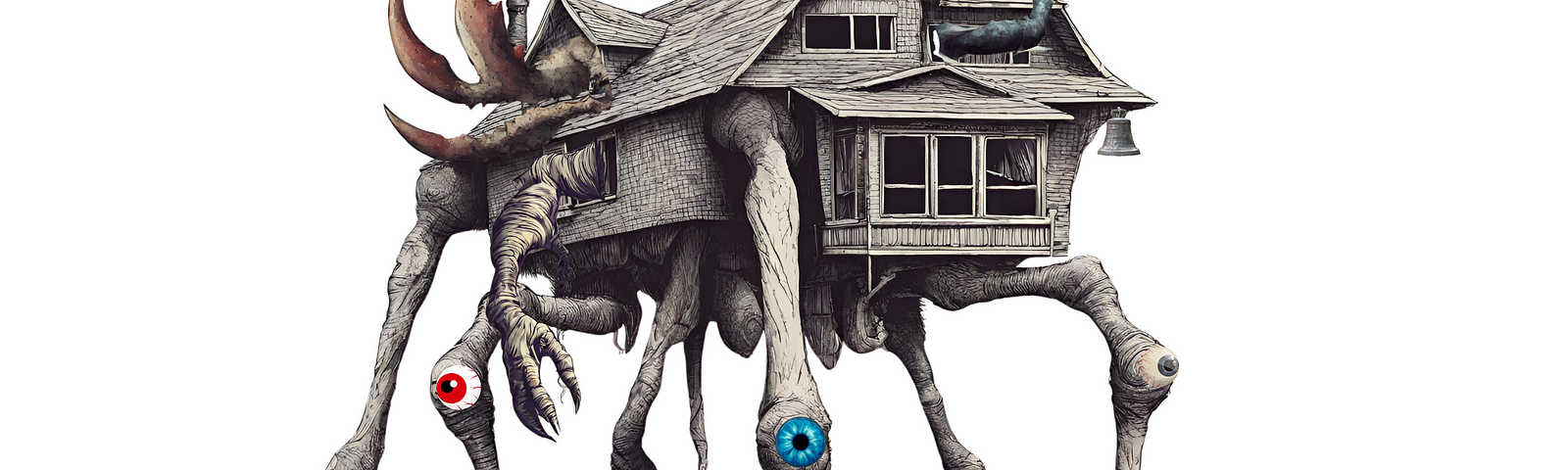 A shambling creature resembling a house with insect legs and multiple eyes goes for a walk.