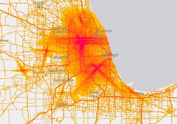 A noise map by the National Bureau of Transportation Statistics shows the Chicago area.