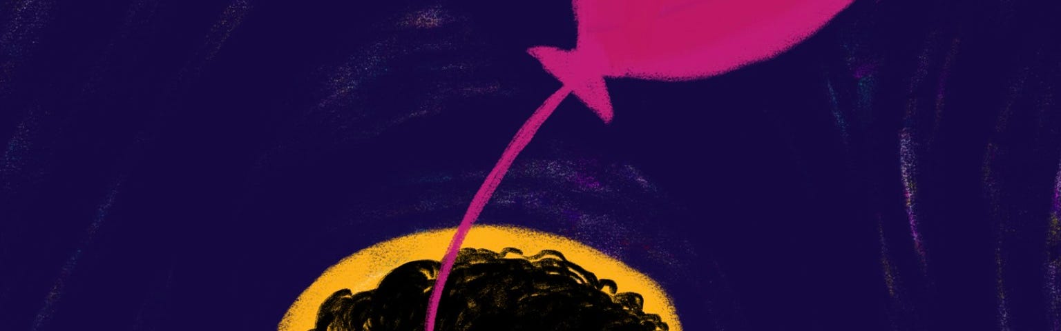 A dark silhouette of a curly-haired person, with a pink balloon strung through their heart, coming out of one of their eyes.