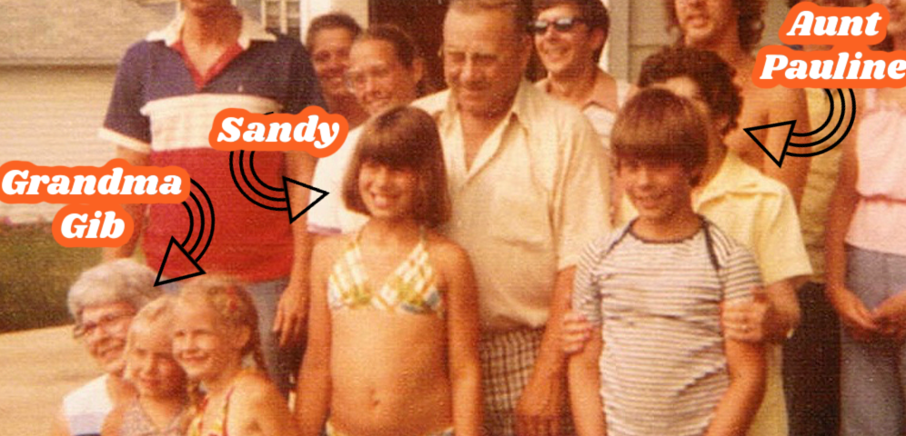 Family members gather for a group photo in 1978. The occasion is a summer family picnic. The author is 11 years old and in the center wearing a bikini, as is her young cousins. Aunt Pauline’s face is hidden behind Sandy’s brother as she in not taller than the 12 year old boy.